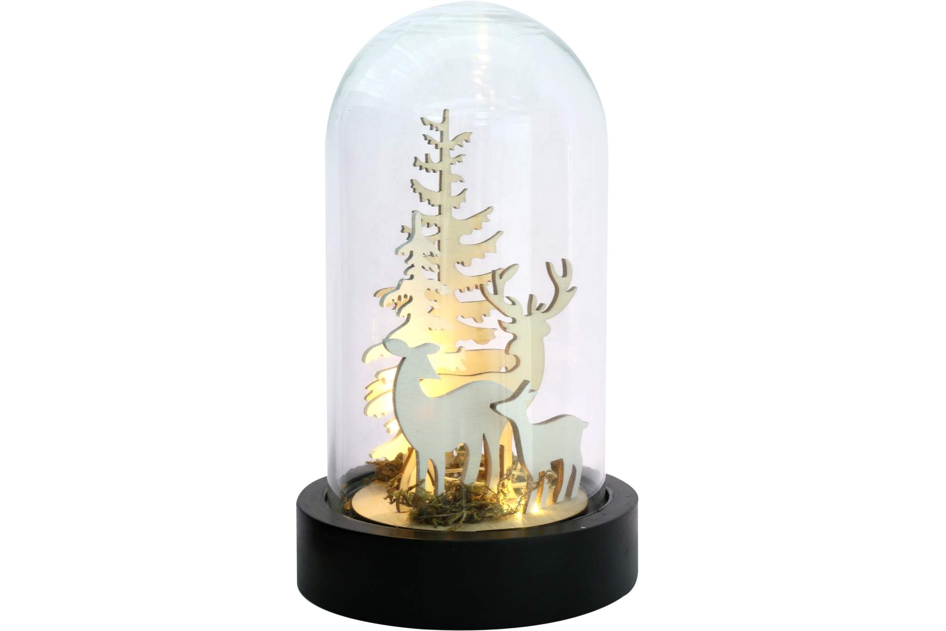 Deko LED Glaskuppel mit Holz Landschaft H 20 cm Hirsch