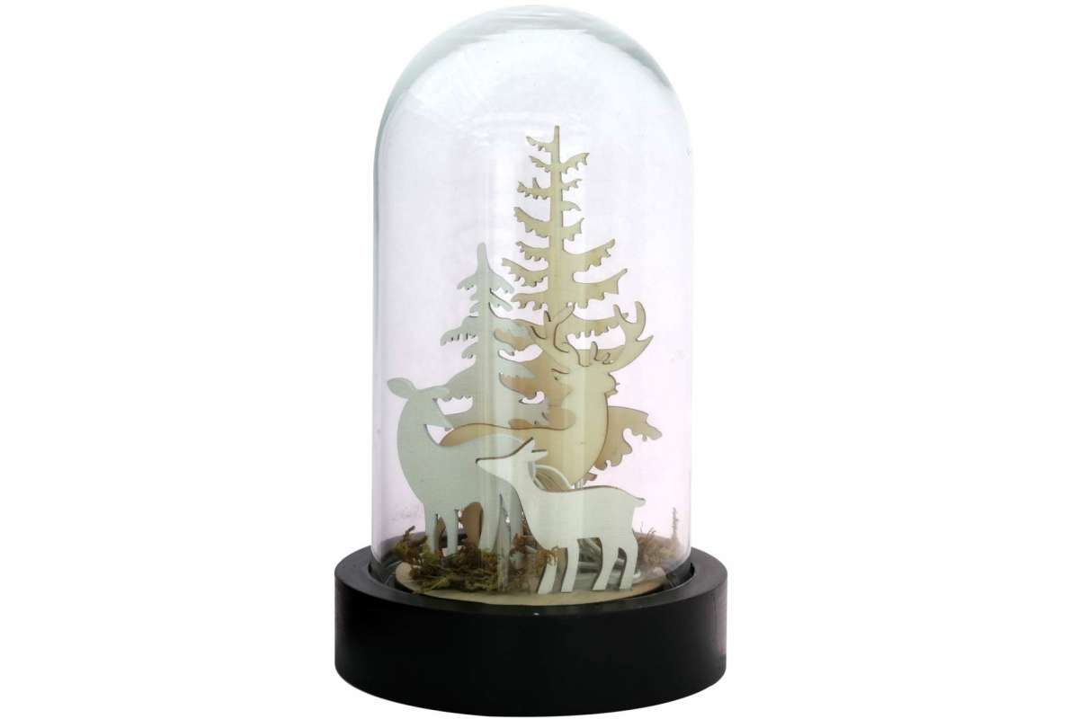 Deko LED Glaskuppel mit Holz Landschaft H 20 cm Hirsch